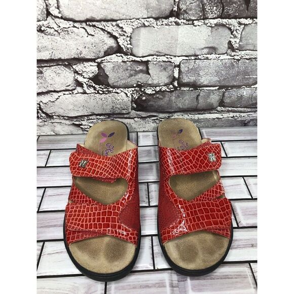 Helle Comfort Red Leather Croc Print Strap Wedge Sandals Women’s Sz 38EU/7.5M US - Picture 2 of 16